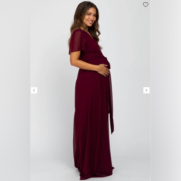 PINKBLUSH Burgundy Chiffon Short Sleeve Maternity Maxi Dress - Picture 3 of 9